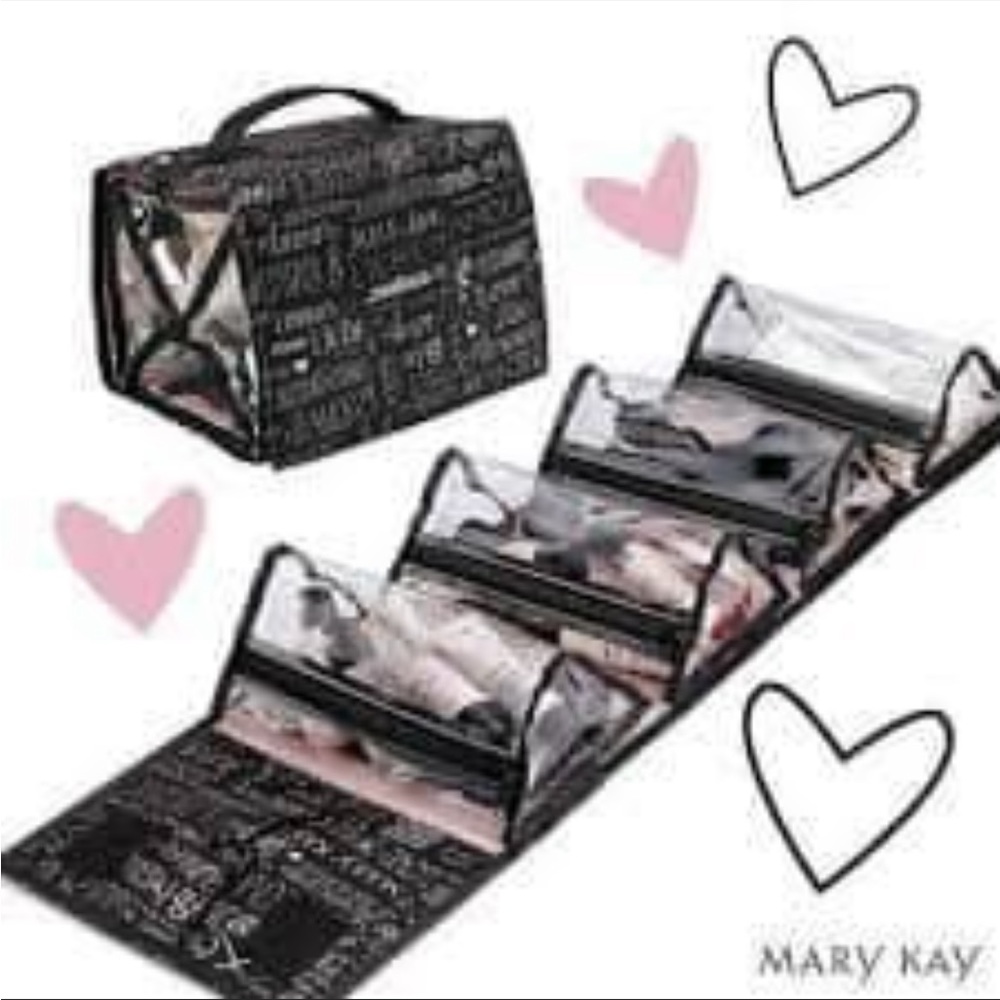 NWT Marykay traveling cosmetics bag black unfolds and folds with a hanger